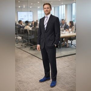 Vtg TOWNCRAFT Navy Blue Mens Suit - Red/Blue Pinstripes - Jacket 44L Pants 40X31